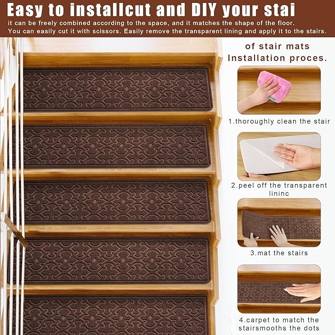 15Pcs Stair Treads for Wooden Steps Indoor with Self Adhesive, 8"x30" Non Slip Stair Runners-Peel & Stick Indoor Stair Carpet Runner, Resistant Indoor Runner for Kids、Elders and Pets, Brown