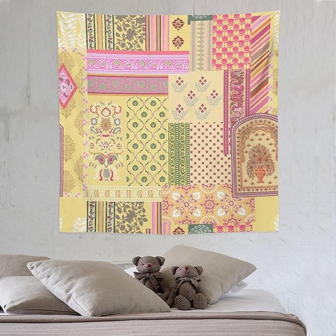 ZhiRain Patchwork Bohemian Tapestry Wall Hanging Colorful Boho Flower Floral Botanical Vintage Retro Indian Tapestries Home Decor for Living Room Bedroom Apartment Farmhouse Dorm 60"x60"