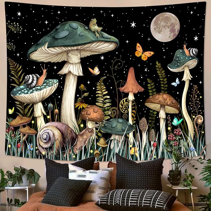 Zussun Green Mushroom Tapestry Moon Star Tapestries for Bedroom Aesthetic Starry Night Plant Tapastrys Wall Hanging Butterfly Snail Frog Wall Tapestry for Living Room Dorm (Dark, 90" x 68")