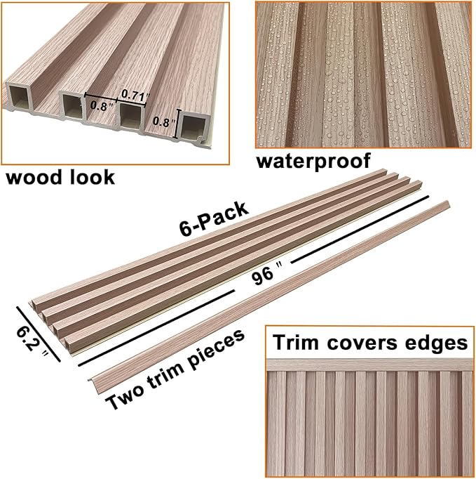 YLL YLL 6-Pack Slat Wall Panel with 2 Trims Wood Grain Slat Wall 96" x 6.2" WPC Slats 3D Wall Panels Oak Grille