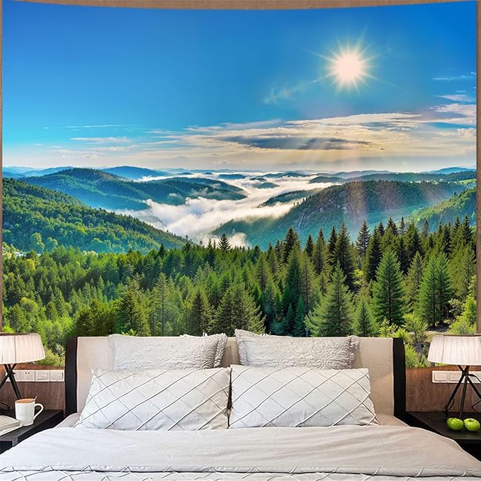 Zussun Nature Forest Mountain Tapestry Green Pine Tree Sunshine Jungle Tapestry for Bedroom Aesthetic Plant Mountain Landscape Small Tapestries Wall Hanging for Dorm Living Room Decor 48 x 36 Inch