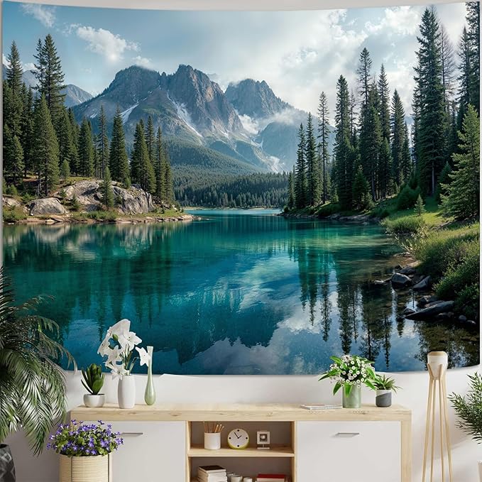 Zussun Nature Forest Mountain Tapestry Green Emerald Lake Pine Tree Tapestry for Bedroom Aesthetic Snowy Peaks Landscape Small Tapestries Wall Hanging for Dorm Living Room Decor 60 x 44 Inch