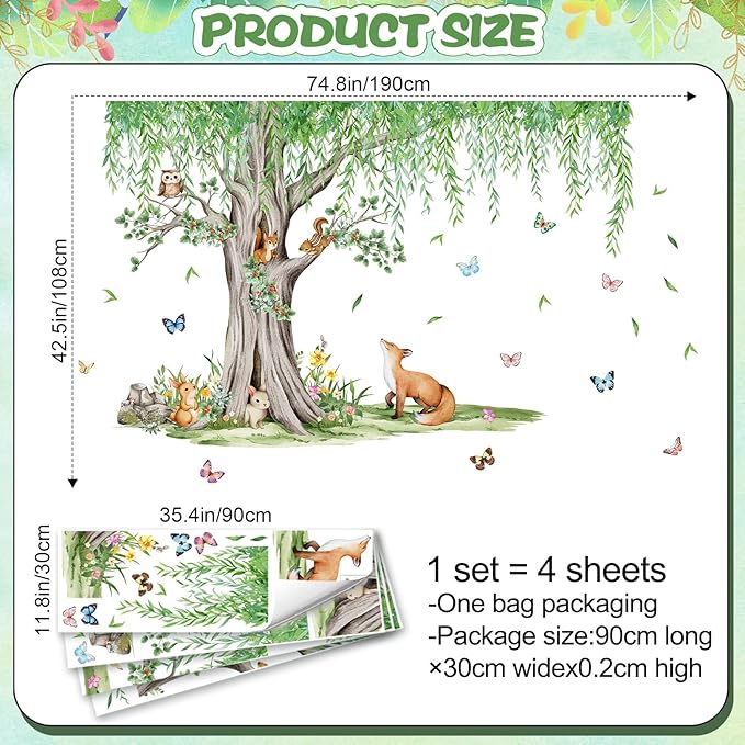 AM AMAONM Large Removable Watercolor Tree with Hanging Green Leaves Vine Wall Sticker Cartoon Animals Wall Decal Peel and Stick Flower Decor for Kids Bedroom Nursery Living Room