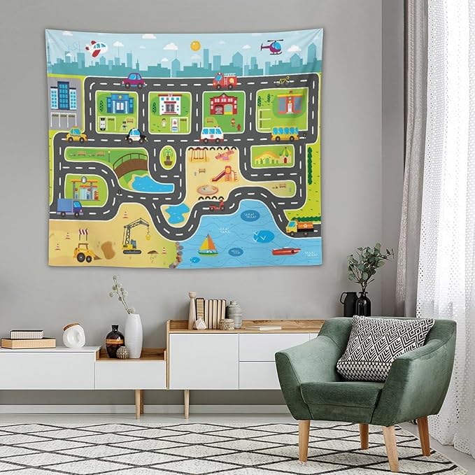 ZhiRain Kid Truck Tapestry Wall Hanging for Boys Construction Car Tractor Cartoon Cute City Street Map Traffic Tapestries Home Decor for Living Room Bedroom Apartment Farmhouse Dorm 50"x60"