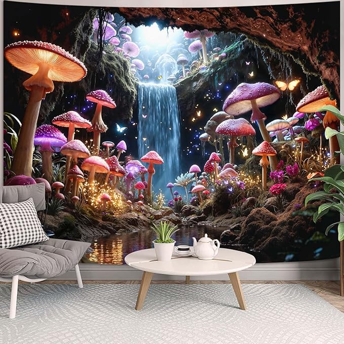 Zussun Fantasy Mushroom Waterfull Tapestry Fairy Butterfly Cave Wall Tapestry for Bedroom Aesthetic Nature Magic Floral Small Tapestries Wall Hanging for Dorm Living Room Decor 48 x 36 Inch