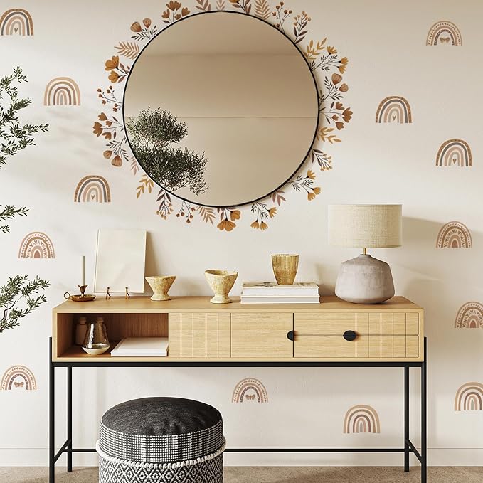 YouRfocus Boho Rainbow Floral Wall Decals for Nursery & Kids Room – Set of 48 Removable Peel and Stick Wall Stickers, Neutral Boho Home Decor (6 Sheets)