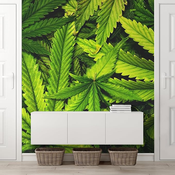 wall26 Cannabis Texture Marijuana Leaf Pile Background with Flat Vintage Style Removable Wall Mural Self-Adhesive Large Wallpaper - 132x96 inches