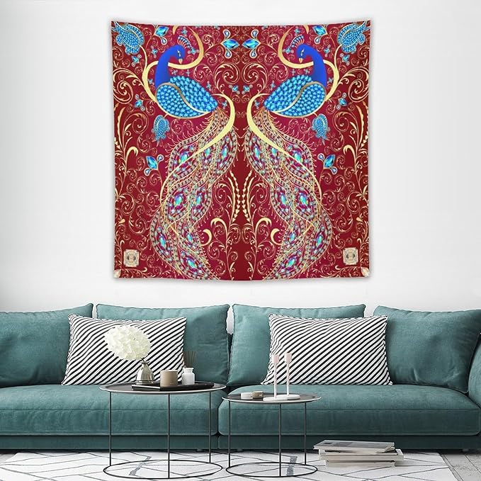 ZhiRain Peacock Ornament Tapestry Wall Hanging Golden Red Background Elegant Bohemian Style Tapestries Home Decor for Living Room Bedroom Farmhouse Apartment Dorm 60"x60"