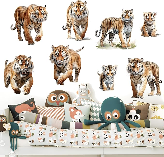 AM AMAONM Removable 3D Nature Jungle Wild Animals Wall Stickers DIY Peel and Stick Safari Tiger Lion Elephant Wall Decals Aniaml Wall art Decor for Kids Baby Bedroom Nursery Living Room (Tiger family)