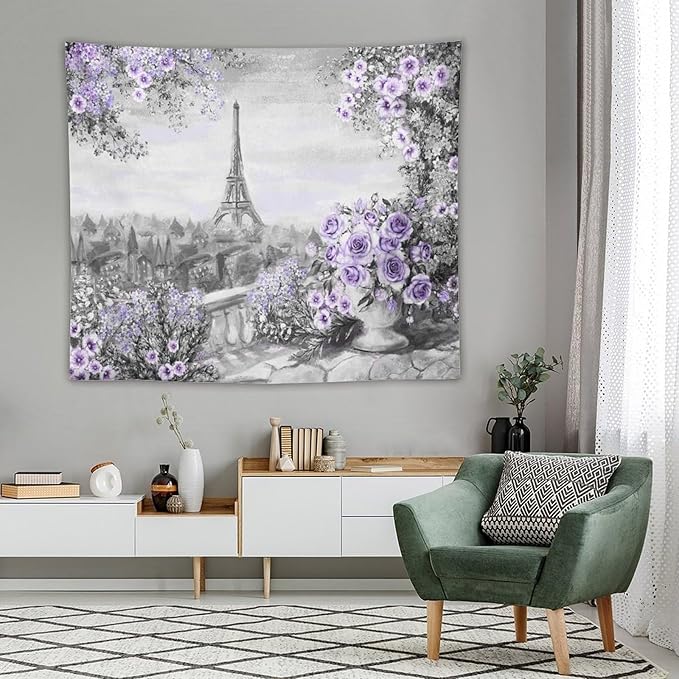 ZhiRain Vintage Paris Tapestry Wall Hanging Eiffel Tower Purple Rose Flower Spring Cityscape Gray Tapestries Home Decor for Living Room Bedroom Apartment Farmhouse Dorm 50"x60"