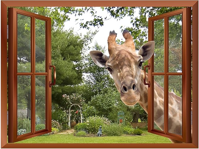 wall26 A Curious Giraffe Sticking its Head into an Open Window Removable Wall Mural - 36"x48"