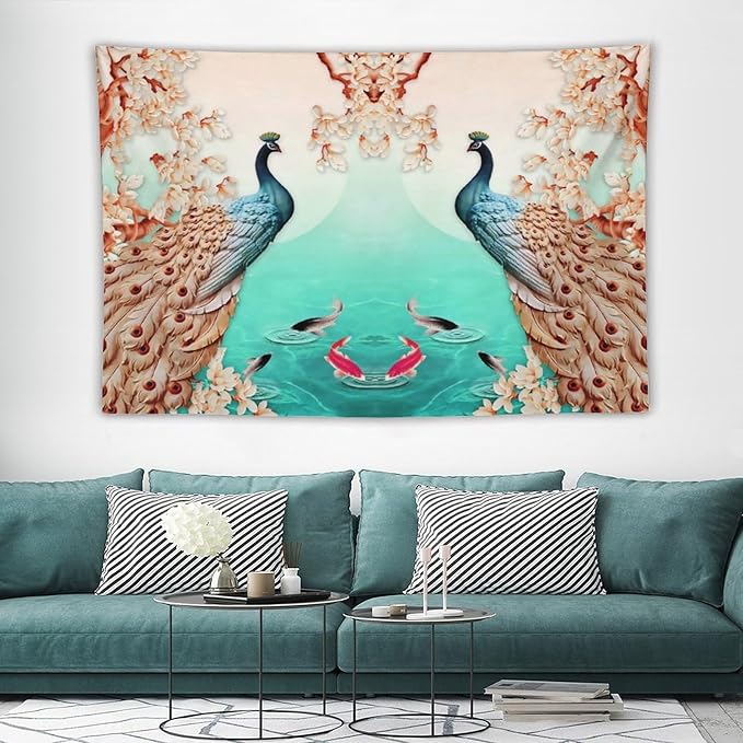 ZhiRain Peacock Tapestry Wall Hanging Retro Floral Elegant Vintage Feather Flower Theme Koi Fish Tapestries Home Decor for Living Room Bedroom Farmhouse Apartment Dorm 60"x90"