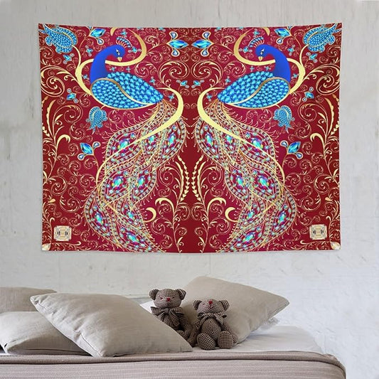 ZhiRain Peacock Ornament Tapestry Wall Hanging Golden Red Background Elegant Bohemian Style Tapestries Home Decor for Living Room Bedroom Farmhouse Apartment Dorm 60"x80"