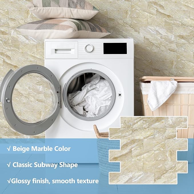 20-Pack Peel and Stick Tile Backsplash 12"X12" PVC Wall Tiles, Stick on Backsplash for Kitchen, Bathroom Tile, Fireplace Décor, Laundry Table, Stair Decals in Vintage Polished Beige