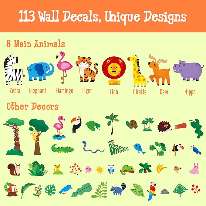 113 PCS Animal Wall Stickers, Self-Adhesive Vinyl Decals-Zebra, Flamingo, Giraffe, Lion, Elephant, Deer, Tiger, Hippo & Plants, Jungle Animals Decors for Baby Nursery, Kids Room, Playroom, Classroom
