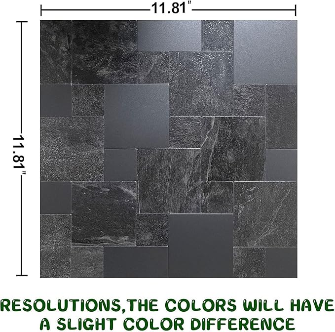 YMMXGE 10-Sheet Peel and Stick Backsplash Stone Tiles, Brushed Aluminum PVC Surface Metal Mosaic Sticker for Kitchen Wall (11.81"x11.81"Per Sheet) (10, Dark Gray Pattern)