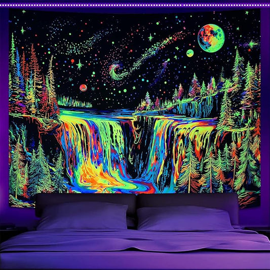 Zussun Blacklight Forest Tapestry for Bedroom Aesthetic Hippie Mountain Waterfall Tapestries Wall Hanging Glow in The Dark Moon and Stars Wall Tapestry for Living Room Dorm 60 × 44 Inch