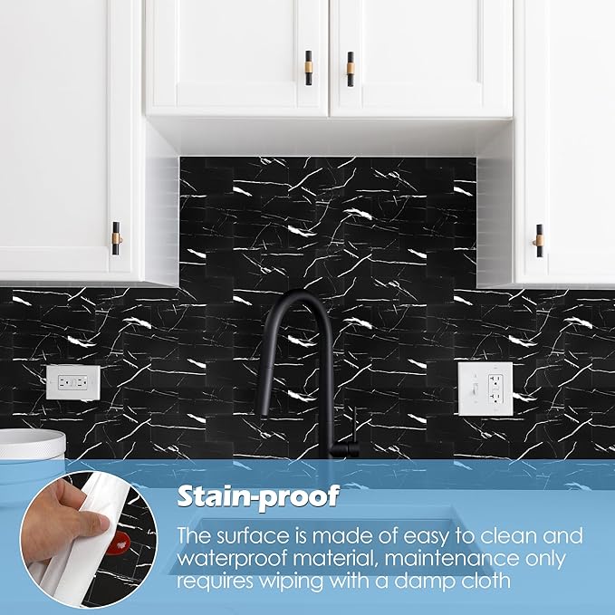 20-Pack Peel and Stick Tile Backsplash 12"X12" PVC Wall Tiles, Stick on Backsplash for Kitchen, Bathroom Tile, Fireplace Décor, Laundry Table, Stair Decals in Black Rocks