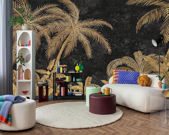 YIHWM -Gold Palms Botanical Backdrop Large Fabric Wallpaper Retro Tropical Plant Bedroom Bathroom Wall Mural- 137"x96"（ not Peel and Stick）