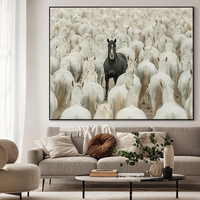 36"x46" XL Framed Wall Art - Unique Black Horse Amidst White Herd Animal (Frame Assembly Required)