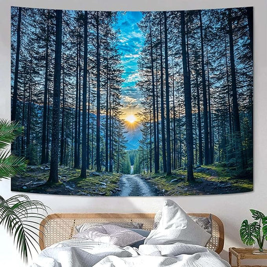 Zussun Nature Forest Tapestry Dark Woodland Path Tapestry for Bedroom Aesthetic Sunset Landscape Small Tapestries Wall Hanging for Dorm Living Room Decor 48 x 36 Inch