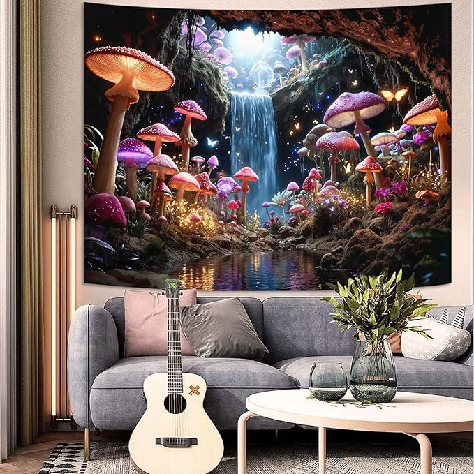 Zussun Fantasy Mushroom Waterfull Tapestry Fairy Butterfly Cave Wall Tapestry for Bedroom Aesthetic Nature Magic Floral Small Tapestries Wall Hanging for Dorm Living Room Decor 60 x 44 Inch