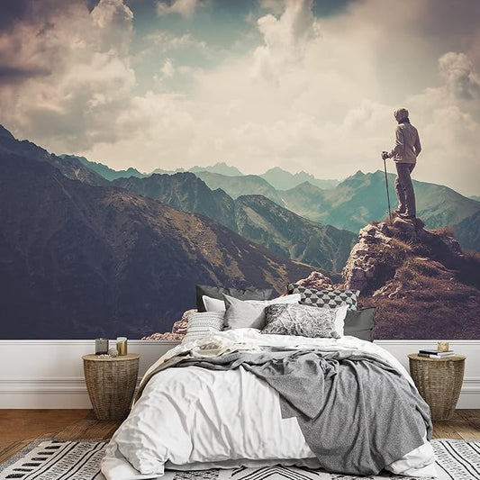 wall26 - Woman Hiker on a Top of a Mountain - Removable Wall Mural | Self-Adhesive Large Wallpaper - 100x144 inches