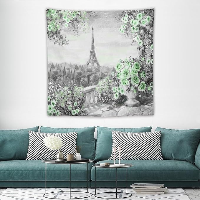 ZhiRain Vintage Paris Tapestry Wall Hanging Eiffel Tower Green Rose Flower Spring Cityscape Gray Tapestries Home Decor for Living Room Bedroom Apartment Farmhouse Dorm 60"x60"