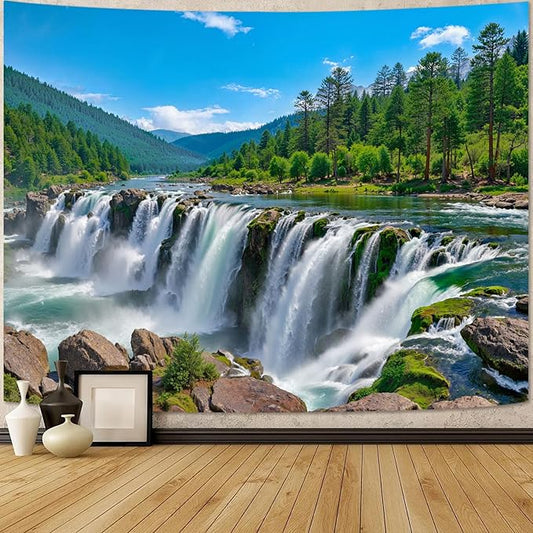 Zussun Nature Forest Mountain Tapestry Green Pine Tree Flowing River Wall Tapestry for Bedroom Aesthetic Waterfall Landscape Large Tapestries Wall Hanging for Dorm Living Room Decor 80 x 60 Inch