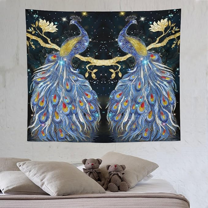ZhiRain Elegant Peacock Tapestry Wall Hanging Exotic Fantastic Animal with Glitter Starry Sky Modern Tapestries Home Decor for Living Room Bedroom Farmhouse Apartment Dorm 50"x60"
