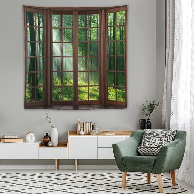 ZhiRain Forest Tapestry Wall Hanging Green Tree Full Scenery Window Jungle Wild Nature Landscape Print Tapestries Home Decor for Living Room Bedroom Apartment Farmhouse Dorm 60"x60"