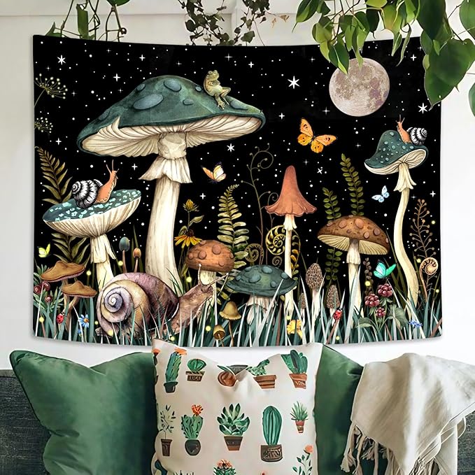 Zussun Green Mushroom Tapestry Moon Star Tapestries for Bedroom Aesthetic Starry Night Plant Tapastrys Wall Hanging Butterfly Snail Frog Wall Tapestry for Living Room Dorm (Dark, 90" x 68")