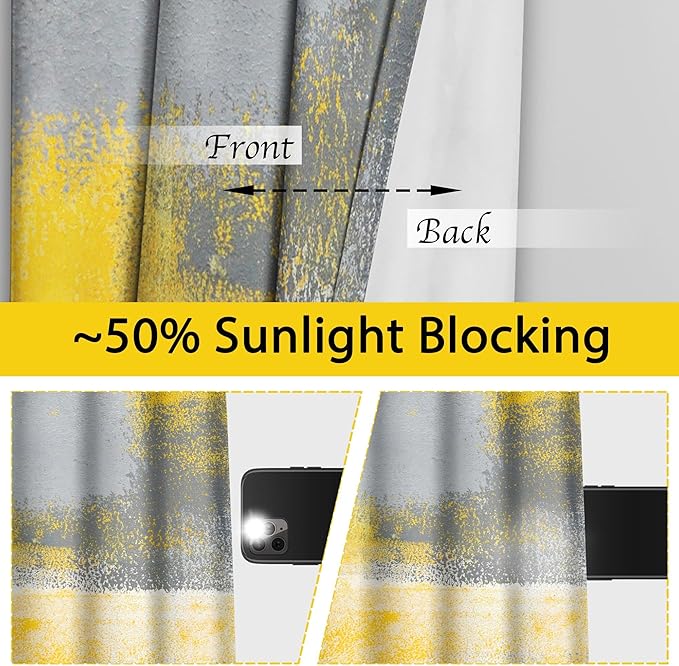 Yellow Window Curtain Yellow Grey Abstract Thermal Insulating Drapes Rust Art Treatment Drapes Modern Curtains for Living Room Bedroom Hotel, 52" x 63", 2 Panels