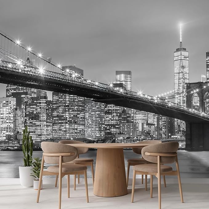 wall26 Brooklyn Bridge and New York City Manhattan Downtown Skyline at Dusk with Skyscrapers Removable Wall Mural Self-Adhesive Large Wallpaper - 66x96 inches