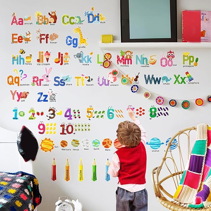 Animal Alphabet Numbers Colour Decals Stickers, ULENDIS ABC Letters Pens Space Planets Educational Wall Decals, Peel and Stick Removable Wall Decors for Toddlers Classroom Bedroom Nursery Playroom