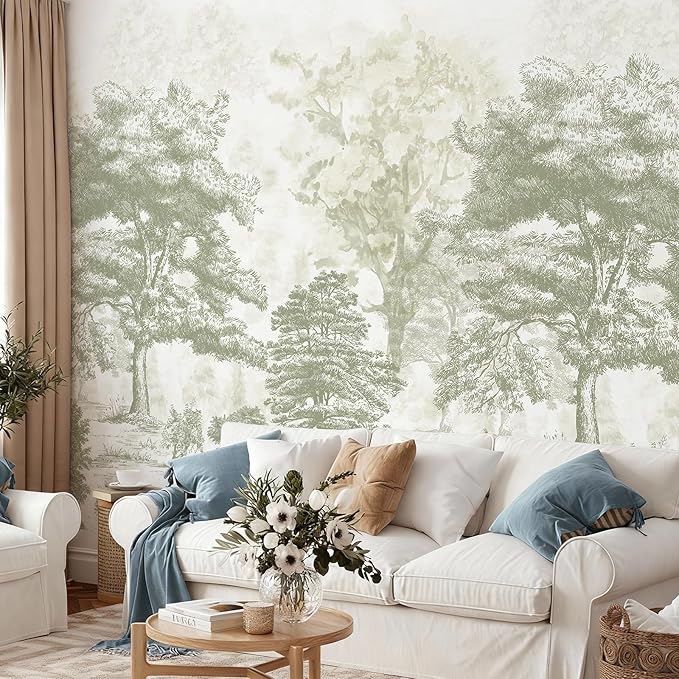 Zeeko Vintage Forest Wall Mural Peel and Stick 144" W x 100" H Canvas Waterproof Tree Self-Adhesive Wallpaper Large Nature Landscape Art Deco for Bedroom