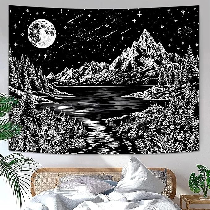 Zussun Black and White Mountain Forest Tapestry for Bedroom Aesthetic Dark Nature Lake Landscape Tapestries Wall Hanging Moon and Stars Wall Tapestry for Living Room Dorm 48 × 36 Inch