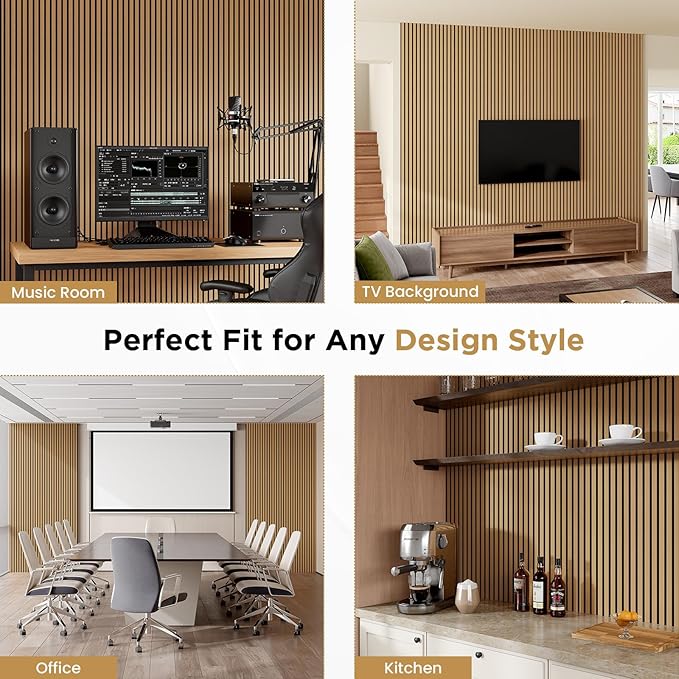 Wood Slat Acoustic Panels, 94" x 12.6" Each Soundpoof Wooden Slat Wall Panel - American Oak, 4 Pack