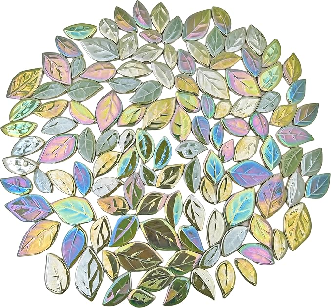 500g/1.1lb Leaf-Shaped Ceramic Mosaic Tiles,Ceramic Mosaic Pieces for Crafts,Mosaic Tiles for Home Decoration or DIY Crafts,Mosaic Making Supplies. (Iridescent Light Green)
