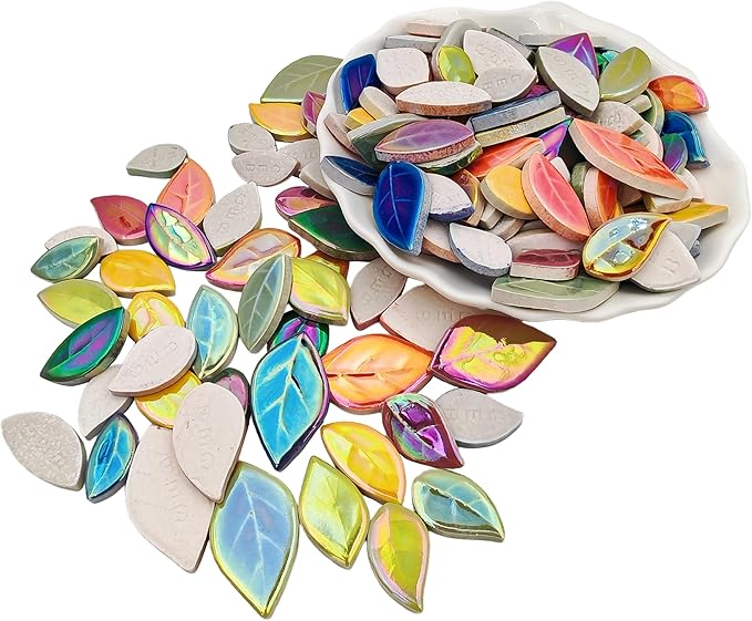 500g/1.1lb Leaf-Shaped Ceramic Mosaic Tiles,Ceramic Mosaic Pieces for Crafts,Mosaic Tiles for Home Decoration or DIY Crafts,Mosaic Making Supplies. (Iridescent Mixed Color)