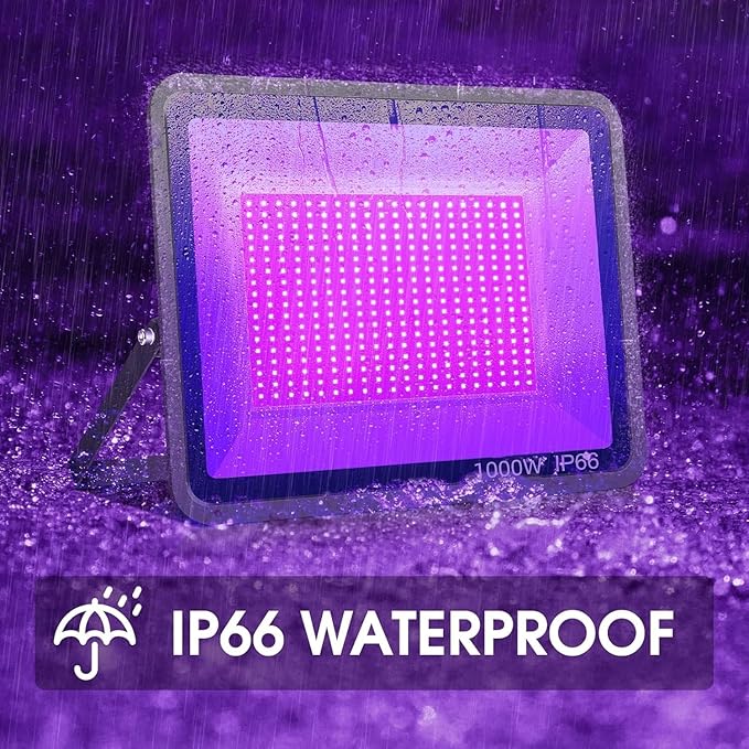 YANYCN 2 Pack 1000W LED Black Flood Light, Big Black Light Outdoor with Plug and Switch, IP66 Waterproof Blacklight for Glow Party, Halloween, Fluorescent Poster, Body Paint, Aquarium
