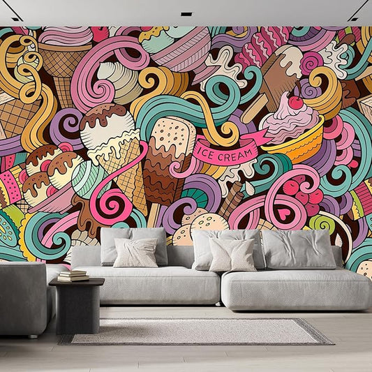 wall26 Cartoon Hand-Drawn Ice Cream Doodles Seamless Pattern Removable Wall Mural Self-Adhesive Large Wallpaper - 96x144 inches