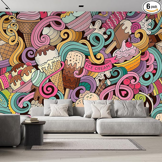 wall26 Cartoon Hand-Drawn Ice Cream Doodles Seamless Pattern Removable Wall Mural Self-Adhesive Large Wallpaper - 100x144 inches