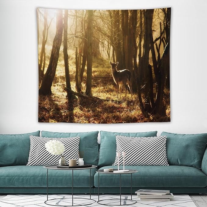 ZhiRain Forest Tapestry Wall Hanging Natural Forest And Deer at Sunset Pattern Tapestries Home Decor for Living Room Bedroom Apartment Farmhouse Dorm 50"x60"