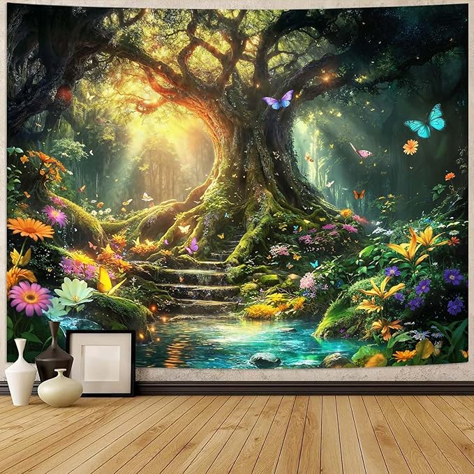 Zussun Fantasy Forest Tapestry Green Tree of Life Fairy Wall Tapestry for Bedroom Aesthetic Nature Floral Butterfly Large Tapestries Wall Hanging for Dorm Living Room Decor 80 x 60 Inch
