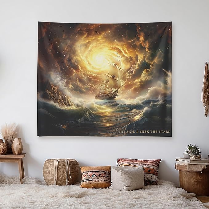 Xolytar Fantasy Pirate Ship Tapestry Set Sail - Dark Academia Room Decor, Vintage Nautical Ocean Storm Wall Art, Motivational Quote for Boys Bedroom, Man Cave (50x60)