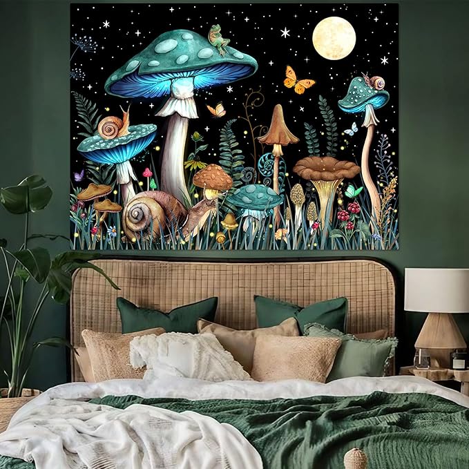 Zussun Teal Mushroom Tapestry Moon Star Tapestries for Bedroom Aesthetic Starry Night Green Plant Tapastrys Wall Hanging Butterfly Snail Frog Wall Tapestry for Living Room Dorm (Green, 48" x 36")