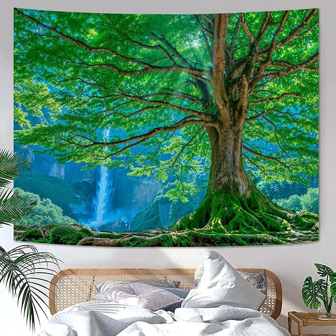 Zussun Nature Forest Mountain Tapestry Big Green Tree Tapestry for Bedroom Aesthetic Mountain Waterfall Landscape Large Tapestries Wall Hanging for Dorm Living Room Decor 80 x 60 Inch