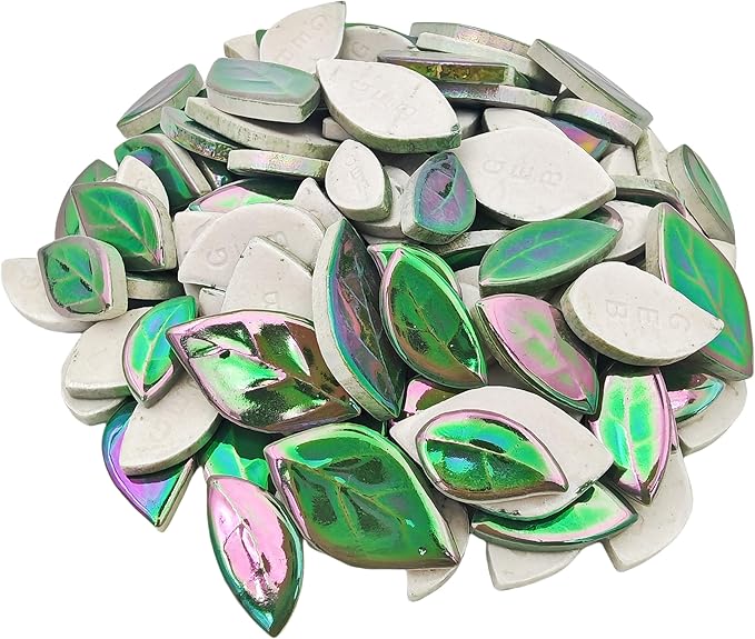 500g/1.1lb Leaf-Shaped Ceramic Mosaic Tiles,Ceramic Mosaic Pieces for Crafts,Mosaic Tiles for Home Decoration or DIY Crafts,Mosaic Making Supplies. (Iridescent Dark Green)