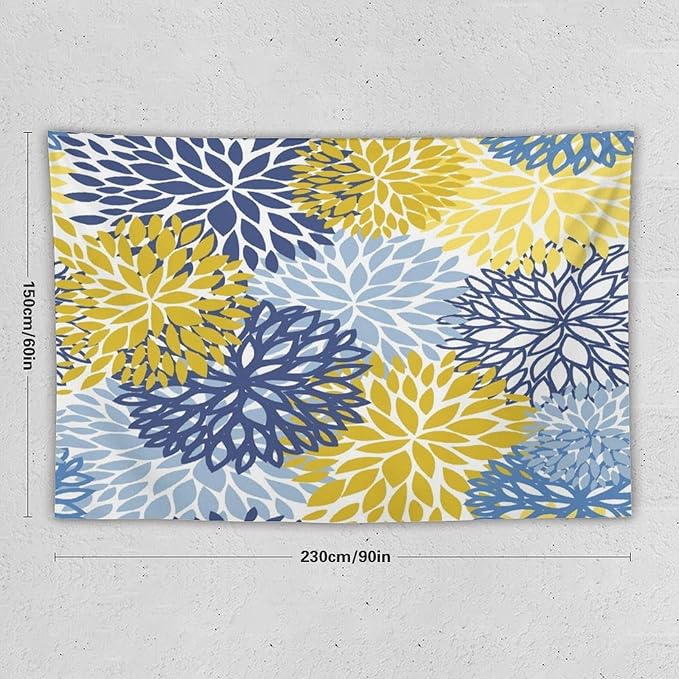 ZhiRain Blue Yellow Floral Tapestry Wall Hanging Boho Dahlia Chrisanthemum Flowers Pattern Tapestries Home Decor for Living Room Bedroom Farmhouse Apartment Dorm 60"x90"